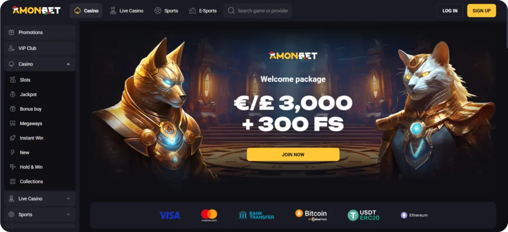 AmonBet casino homepage showcasing Irish slots collection