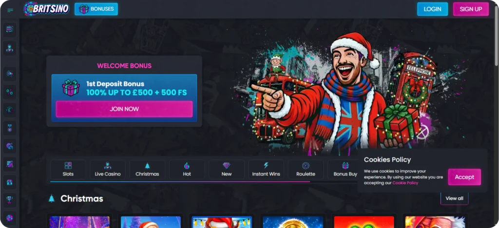 Britsino casino homepage displaying Irish themed slot collection