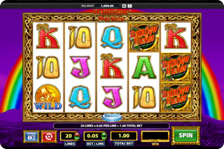 Rainbow Riches slot game review showing Irish themed graphics